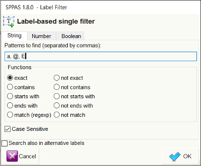 Frame to create a filter on annotation label tags: filter annotations that exactly match
 either a, @ or E