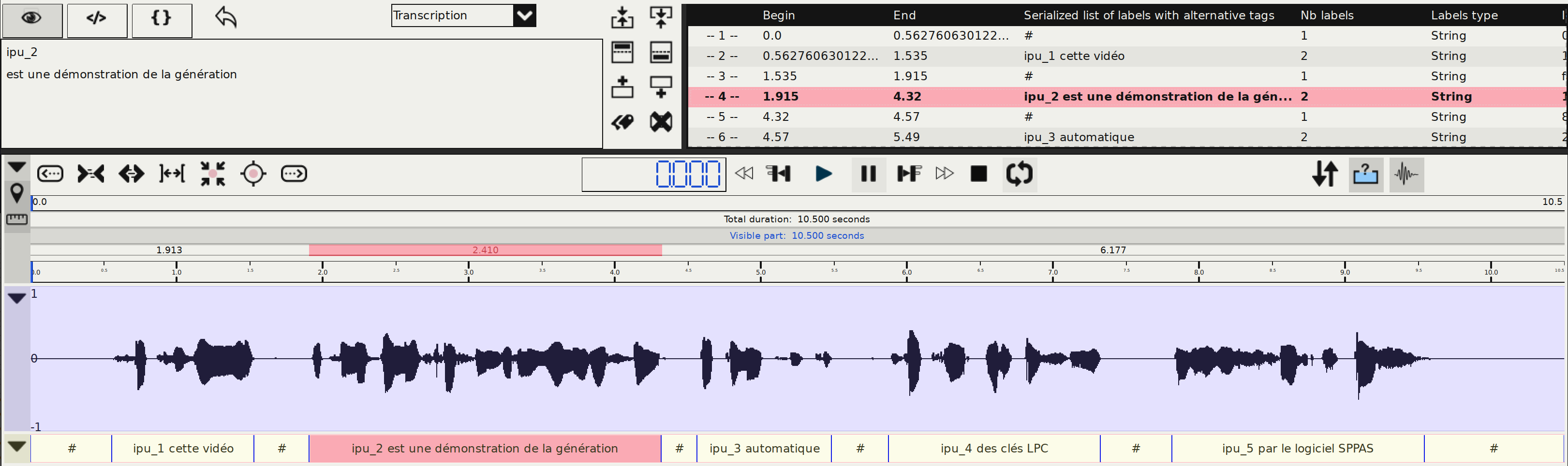 Screenshot of an IPU of the manual orthographic transcription annotation