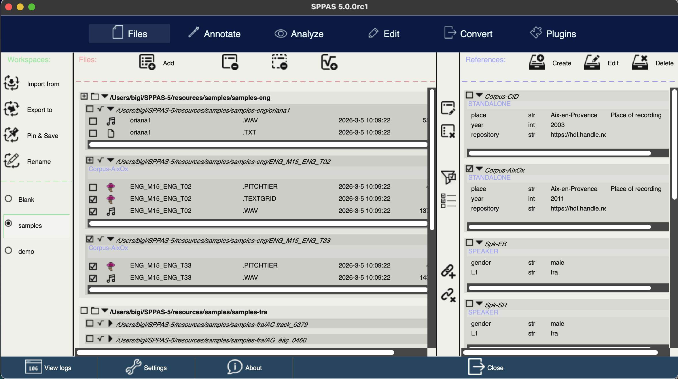 SPPAS workspace and file management screen